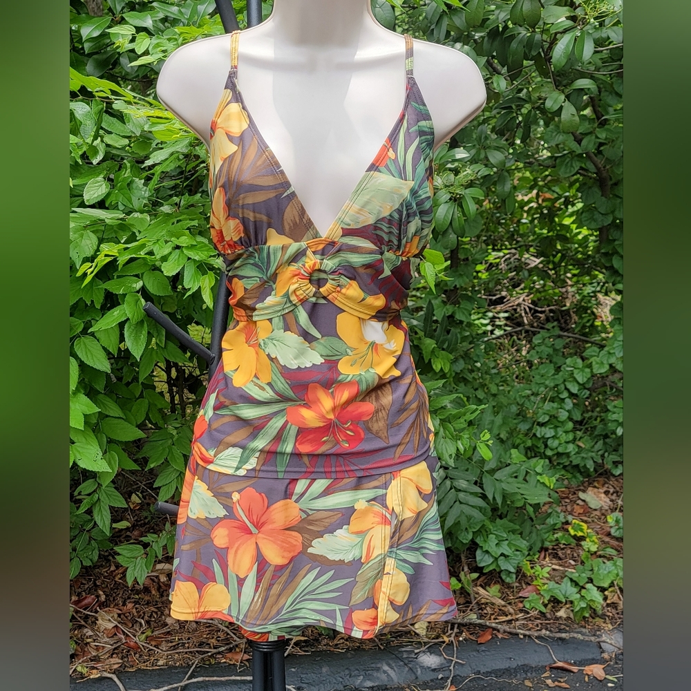 Tropical Tankini in Striking Green, Orange and Gold Floral Print...by Sielle
